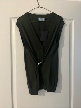 Prada Dark Green Sleeveless V-Neck Cardigan with Silver Hook